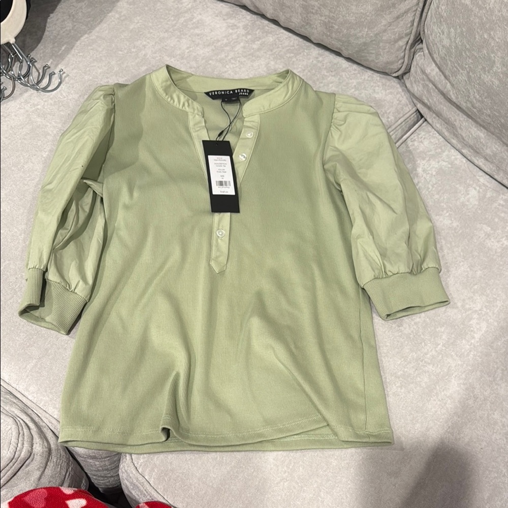 Veronica Beard Light Green Puff Sleeve Henley Top